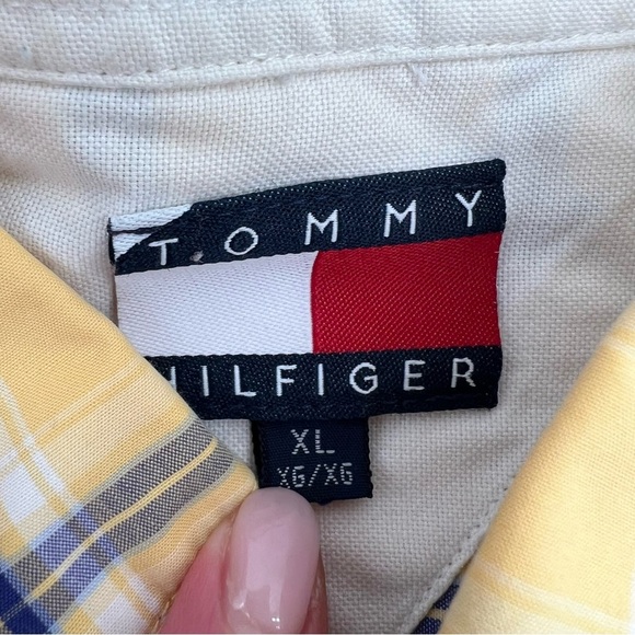 Vintage Y2K Tommy Hilfiger XL Yellow Plaid Shirt Crest Logo Streetwear 90s - Picture 3 of 11